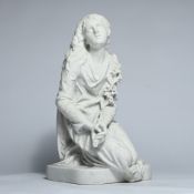 Sculpture in white Carrara marble representing a young woman kneeling and holding a branch of lily, 