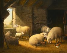 Jan VAN BAELEN (1946), oil on canvas, Sheep in the stable, signed