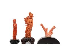 ☼ THREE CORAL FIGURES, China, first half of the 20th century