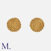 A Pair of Abstract Earrings in yellow gold, each of domed, textured form. Unmarked, tests indicate