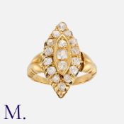 An Old Cut Diamond Navette Ring in yellow gold, the marquise shaped form set with old cut
