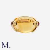 ALAN MARTIN GARD, A Citrine and Ruby Ring in 18 carat yellow gold, set with a large oval cut