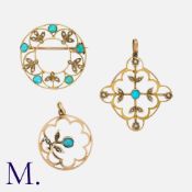 A Set of Three Turquoise and Pearl Pendants and Brooch including a circular turquoise and pearl