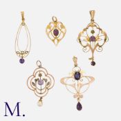 A Set of Five Amethyst Pendants in 9K gold, each set with amethysts. Stamped variously with '9ct' or