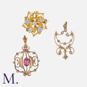 A Pair of Pendants and a Brooch in rose and yellow gold including an opal-set brooch, a pink-stone