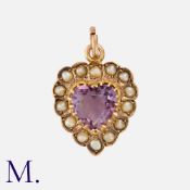 An Antique Amethyst and Pearl Heart Pendant in 9K rose gold, set to the centre with a heart-cut