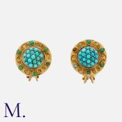 A Pair of Antique Turquoise Earrings in yellow gold, set with cabochon turquoise to ornate