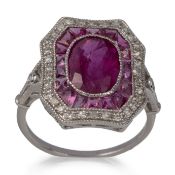 RUBY AND DIAMOND PLAQUE RING,