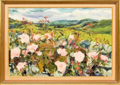 * JAMES HARRIGAN (SCOTTISH b. 1937), PINK ROSES IN A LANDSCAPE