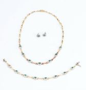 Set consisting of a necklace, bracelet, and earrings, all yellow gold combined with white gold, matt