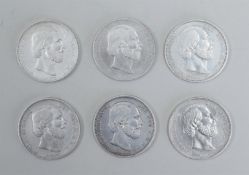 A lot of six 19th-century Rijksdaalders, 1872, 1867, 1874, 1869, 1871, 1872. Total weight 149 grams.