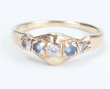 Vintage yellow gold ring, 10 kt, set with five stones, white, blue, pink, foreign hallmarked, weight