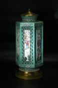 Qing Dynasty Famille Rose Figural Reticulated Hexagonal Vase (Converted to Lamp Base)