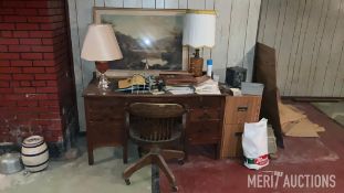 Wooden Desk, Chair, Lamps, Photo and Cabinet