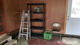 Plastic Storage Shelf, Ladder, Chair and Canning Jars