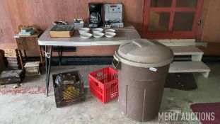 Crates and Trash Can and Table with Misc.