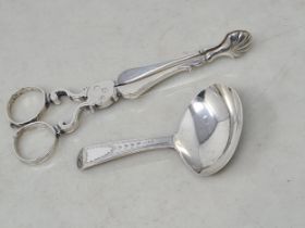A George III silver bright-cut Caddy Spoon, London 1818, and a pair of Georgian silver Sugar Nips
