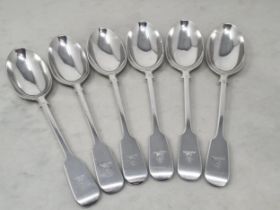 Six George V silver Table Spoons fiddle pattern engraved crests, London 1919, Goldsmiths &