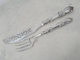A pair of Victorian silver Fish Servers with engraved blades, Birmingham 1874