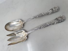 A pair of Tiffany & Co sterling silver Salad Servers with fruiting vine handles, 210gms