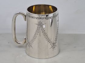 A George V silver Christening Mug engraved leafage swags, Chester 1903, 142gms