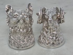 A pair of Elizabeth II silver Stirrup Cups in the form of a fox and ram's head, London 2010, 376gms