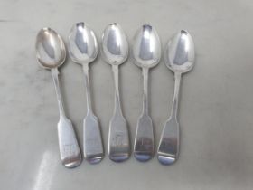 Five Victorian silver Teaspoons fiddle patten engraved initials, various assay offices and dates,