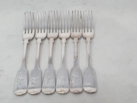 Six Victorian silver Dinner Forks fiddle pattern engraved crest, Exeter 1875, maker: J. W & Co,