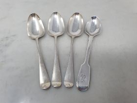 Three Georgian silver bottom marked Teaspoons Hanoverian pattern engraved initials B. I, circa 1760,