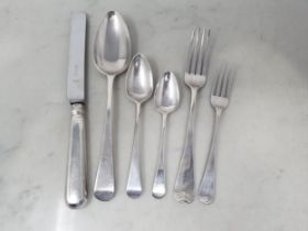 A matched Set of George III silver Cutlery old english pattern, viz: 6 Table Spoons, London 1805,