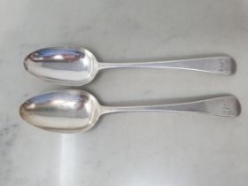 Two George III silver Table Spoons old english pattern engraved initial H, London 1784, maker: