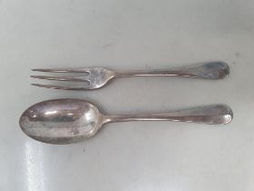 An Edward VII silver Christening Spoon and Fork Hanoverian pattern with rat tail bowls, London 1905,