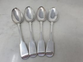 Four Victorian silver Table Spoons fiddle pattern engraved initial B, London 1854, 300gms