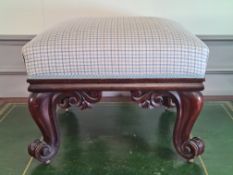 A 19th Century carved mahogany Stool, the stuffover top above cabriole legs, 20 1/2in W