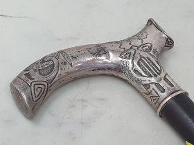 A Continental silver handled ebony Walking Stick with swag and floral pattern, engraved Edouard