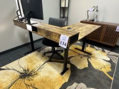 L SHAPED RISING WOOD DESK WITH CHAIR