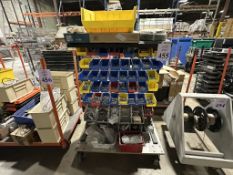 PLASTIC STORAGE BIN RACK WITH CONTENTS