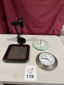 LOT CONSISTING OF (3) WALL CLOCKS & (1) DESK LAMP