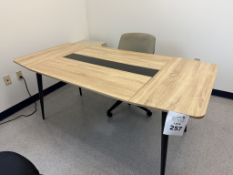 LIGHT WOOD DESK, CHAIR AND 2 DRAWER CABINET