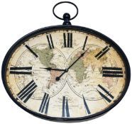 Large Horizontal Oval Pocket Watch Style Wall Clock with World Map Dial. Working 57cm x 65cm . No