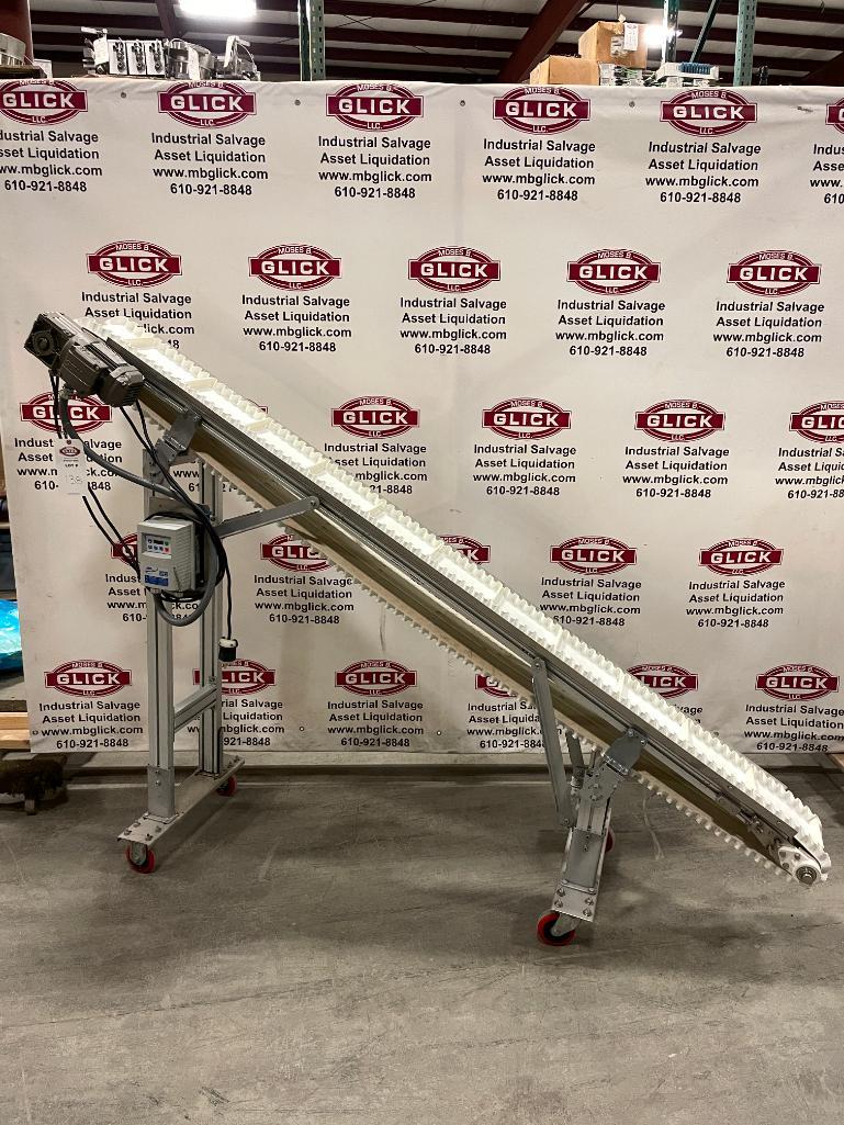 " Bunting Portable AL Cleated Belt Incline Conveyor 100" Long x 12"-65" High