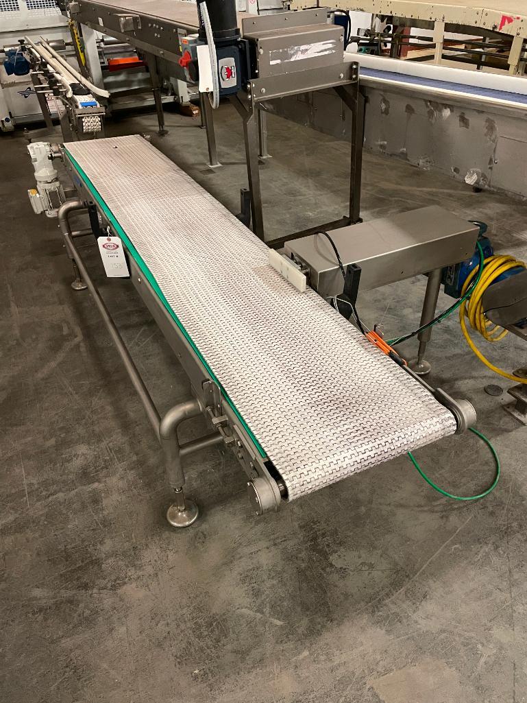 .5" SS Belt Conveyor 103" Long x 25" High w/ 8.5" Cross-Belt Pneumatic Pusher
