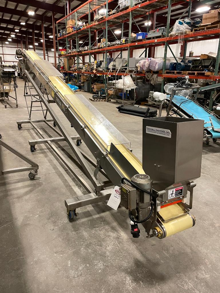 " Graybill Portable Adjustable SS Inclined Belt Conveyor 20' Long x 20"-80" High