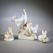 CHICKENS, TWO RABBITS AND HEDGEHOG