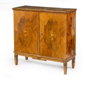 A WALNUT BOG OAK AND YEW WOOD MARQUETRIED CABINET