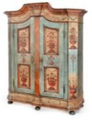 A POLYCHROME PAINTED BRASS MOUNTED SOFTWOOD RURAL CUPBOARD