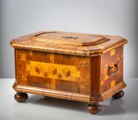 A BAROQUE BRASS AND IRON MOUNTED WALNUT OAKWOOD AND PLUMWOOD MARQUETRY CASKET