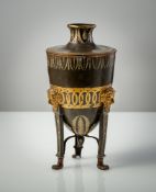 A PAINTED METAL URN SHAPED VASE AND COVER