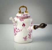 A MEISSEN BRASS MOUNTED PURPLE RED PAINTED CHOCOLATE POT