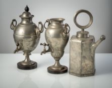 TWO PEWTER SAMOVARS AND A PEWTER SCREW BOTTLE